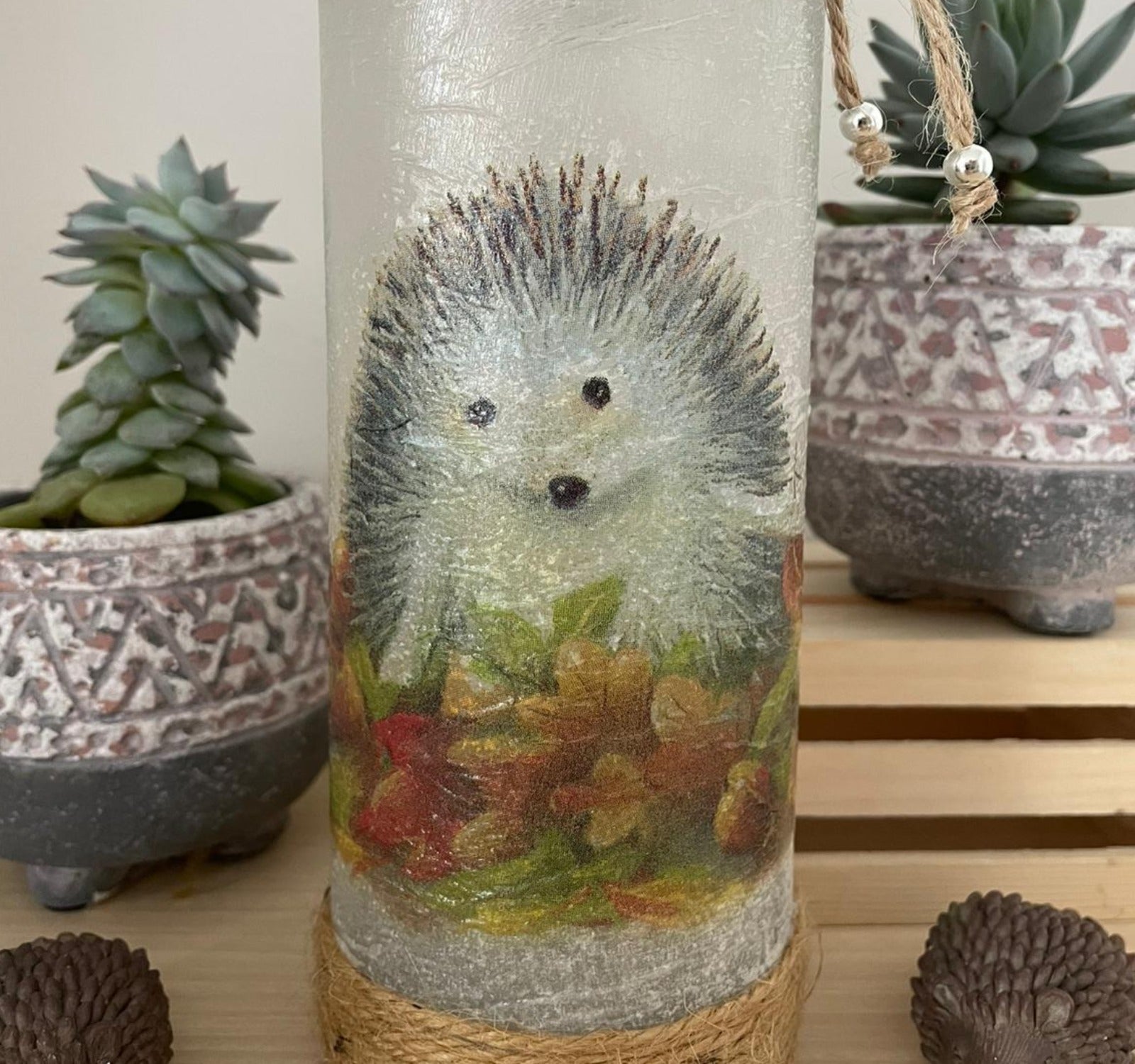 Handmade Decoupage Bottle Light - Hedgehog - closer