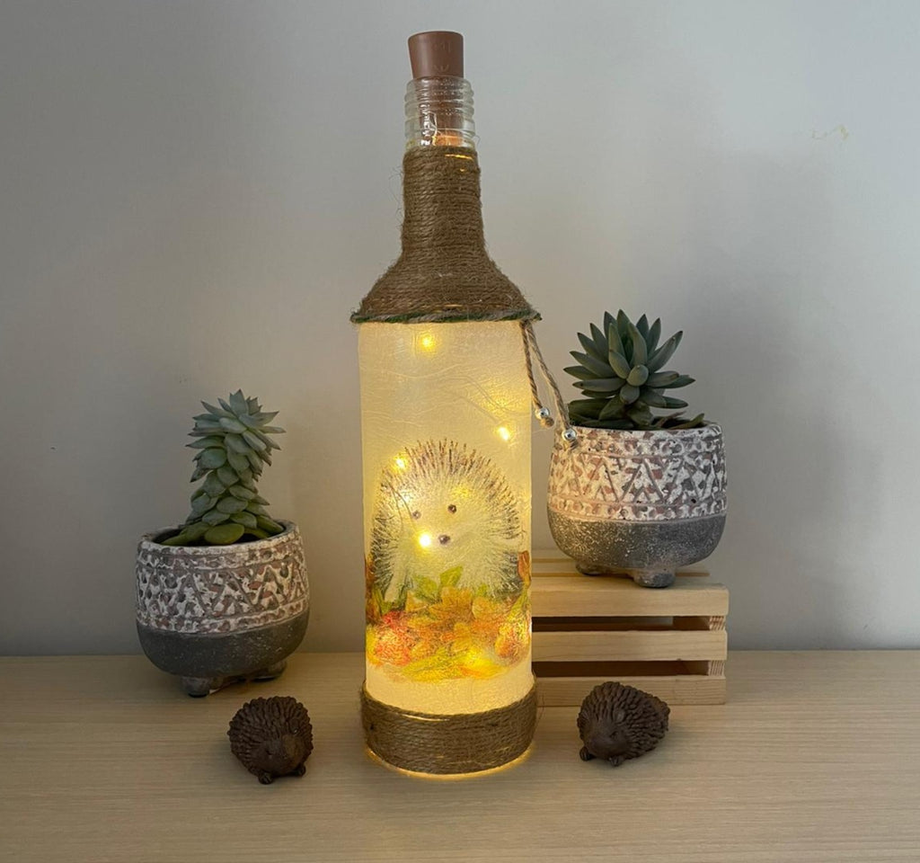 Handmade Decoupage Bottle Light - Hedgehog - lit