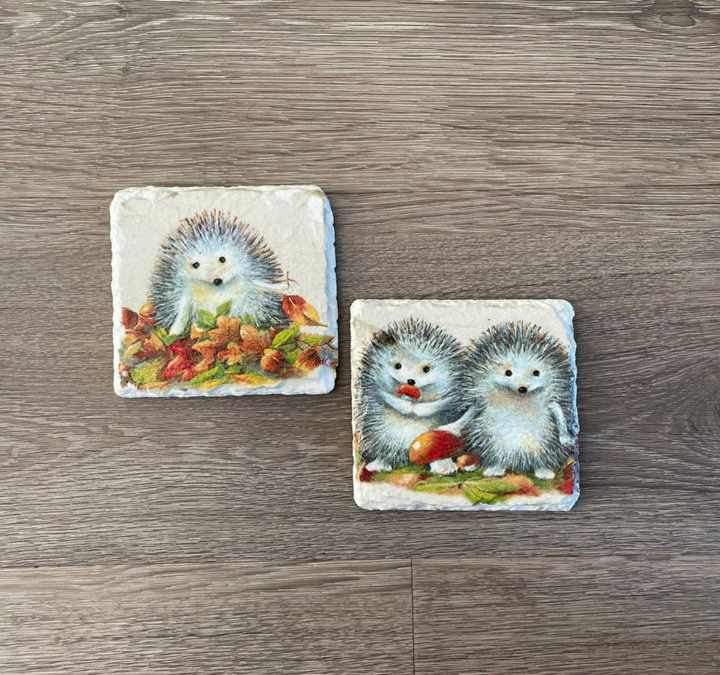 2 Handmade Découpage Slate Coasters - Hedgehogs