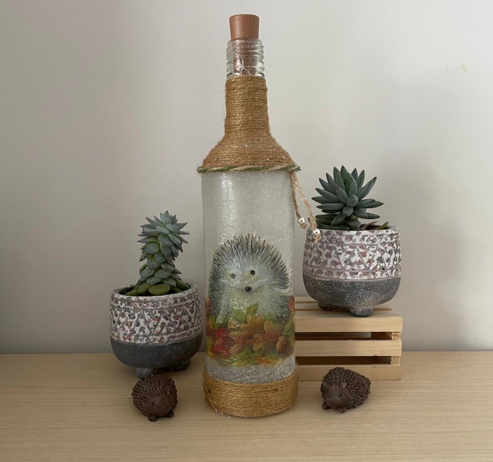 Handmade Decoupage Bottle Light - Hedgehog - unlit