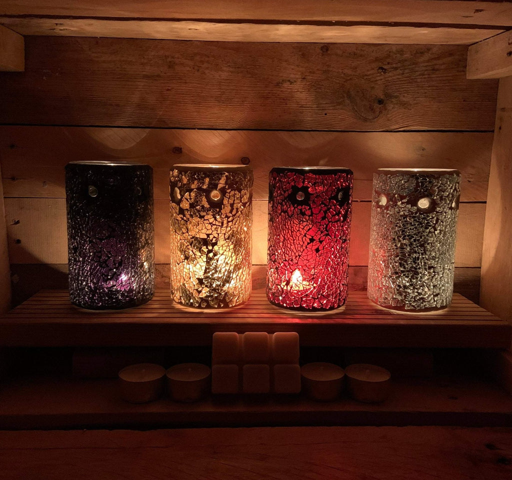 Tall Mirror Crackle Burner with Homemade Wax Melt Clamshell and Tea Lights - lit