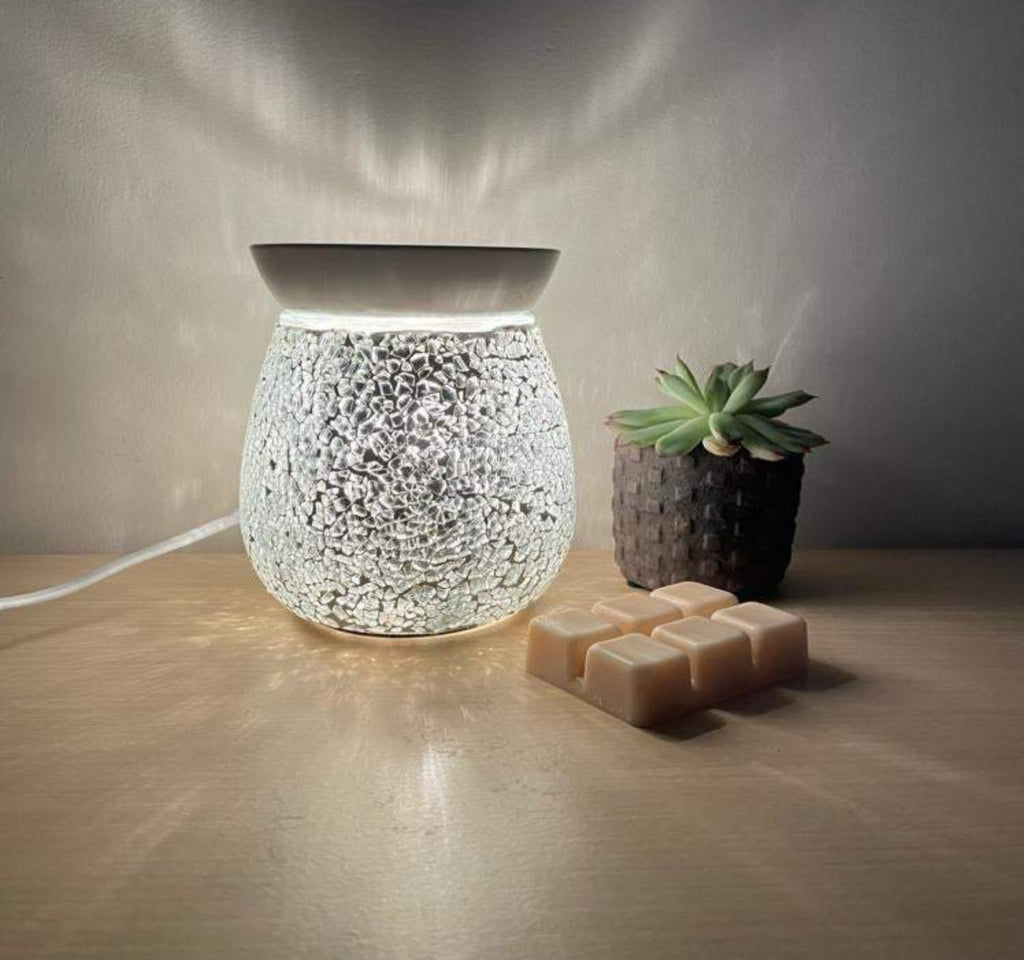 Silver Crackle Mosaic Electric Aroma Lamp - lit