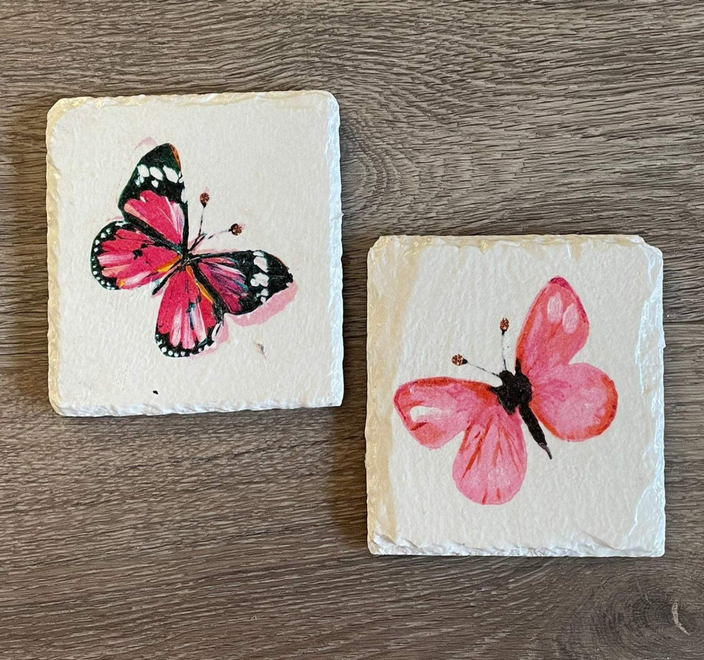 2 Handmade Decoupage Slate Coasters - Pink Butterflies