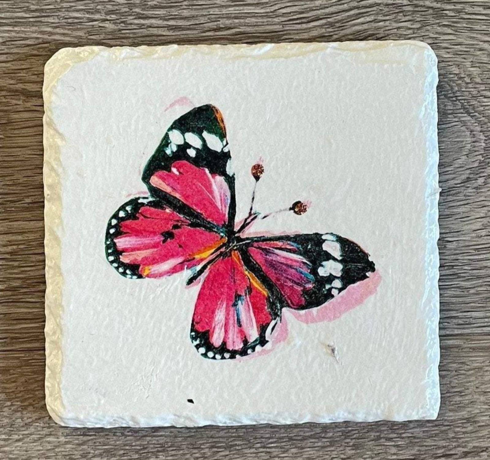 2 Handmade Decoupage Slate Coasters - Pink Butterflies