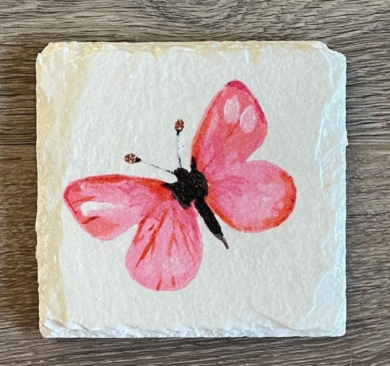 2 Handmade Decoupage Slate Coasters - Pink Butterflies