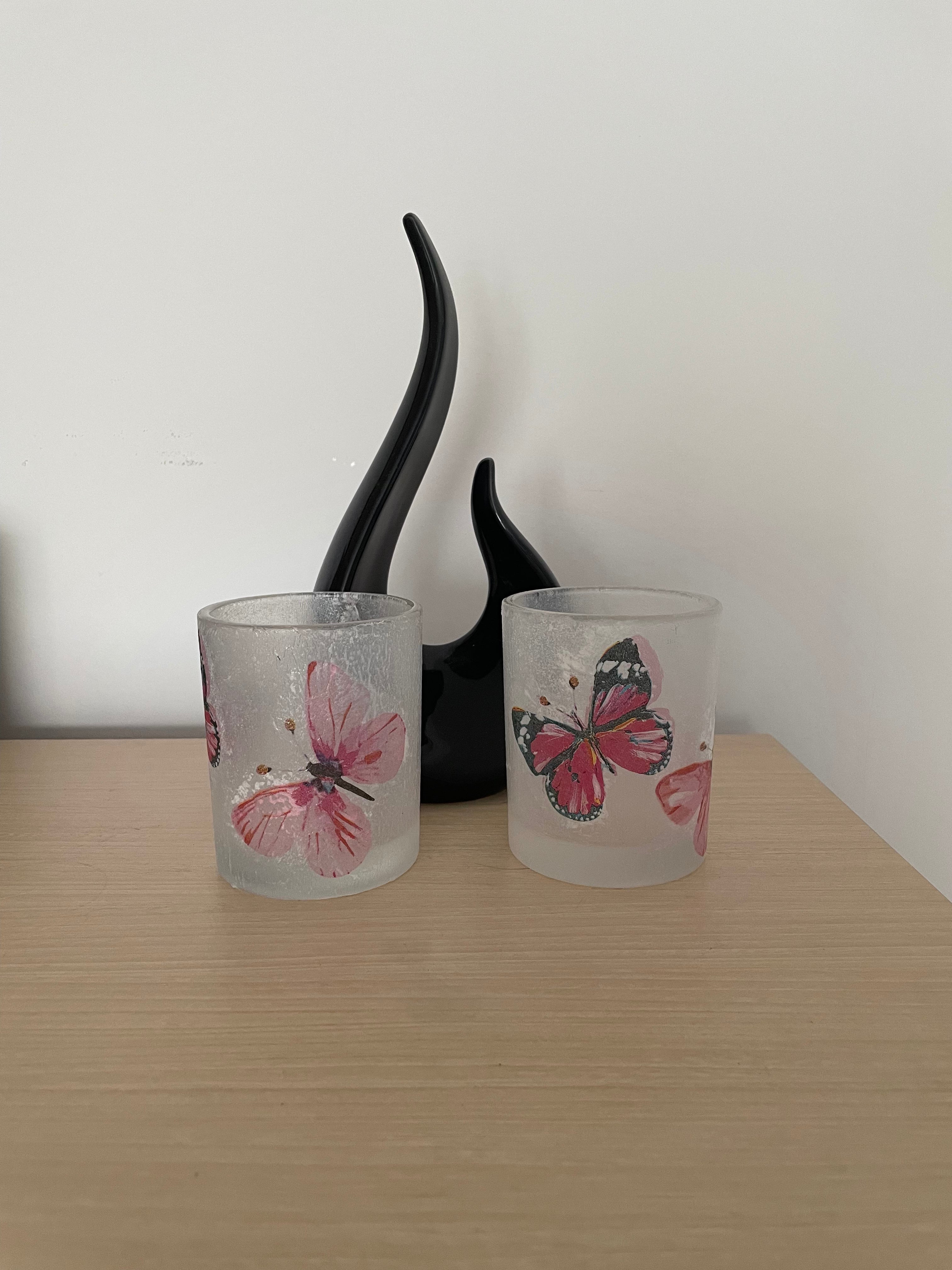 2 Handmade Decoupage Tea Light Holders with Homemade Tea Lights - Pink Butterflies