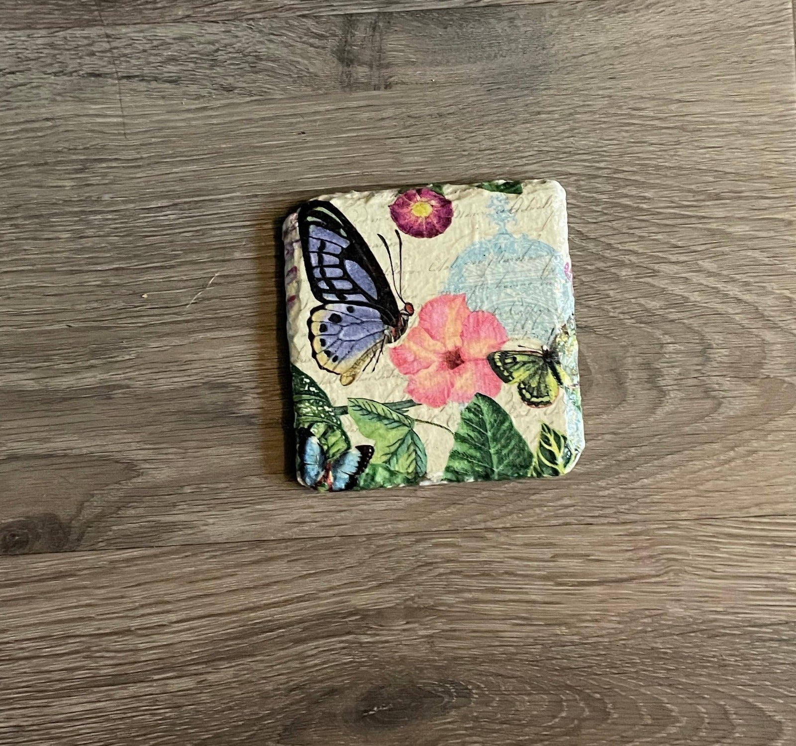 2 Handmade Découpage Slate Coasters - Blue Butterfly