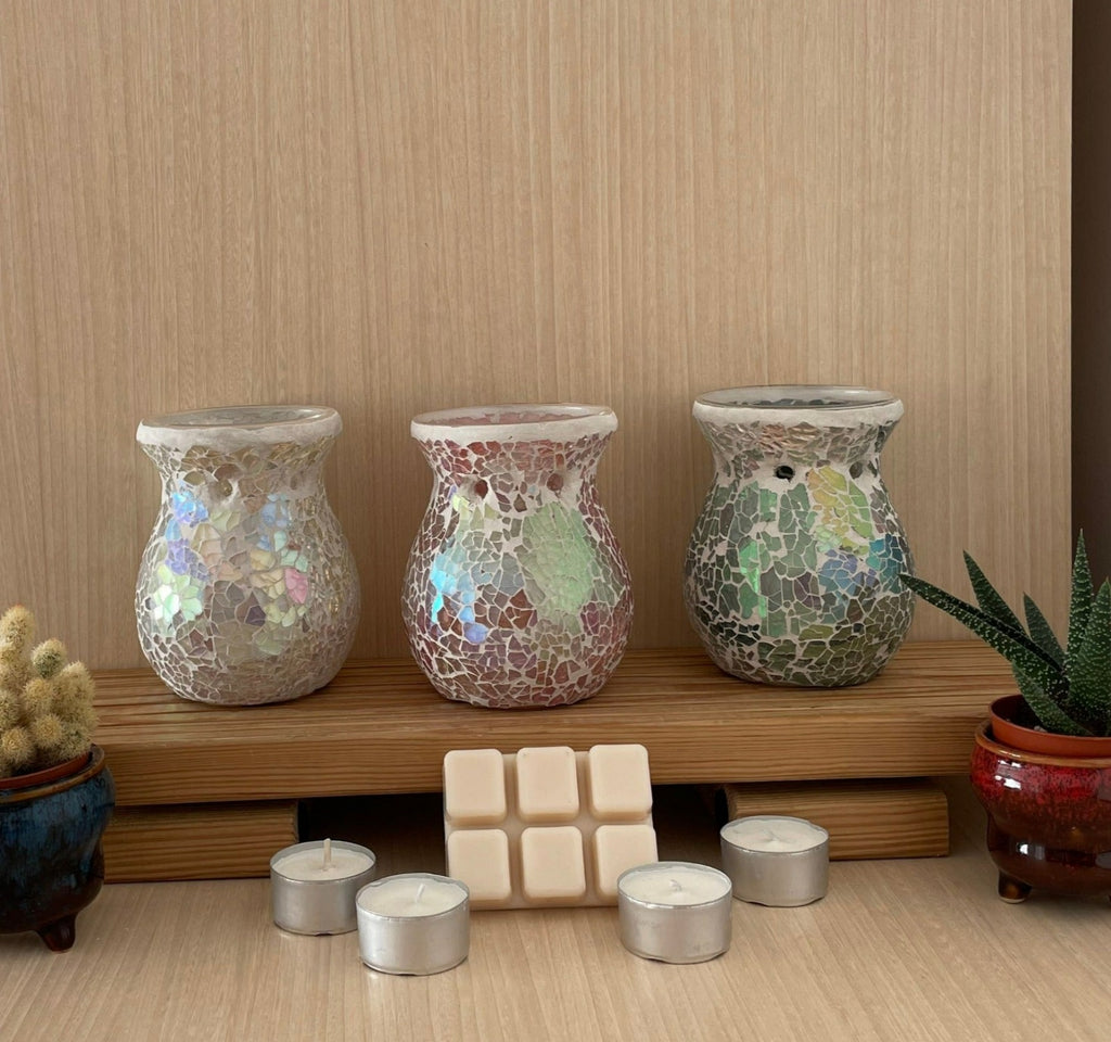 Iridescent Round Crackle Wax Burner Set with Homemade Clamshell Wax Melt and Tea Lights