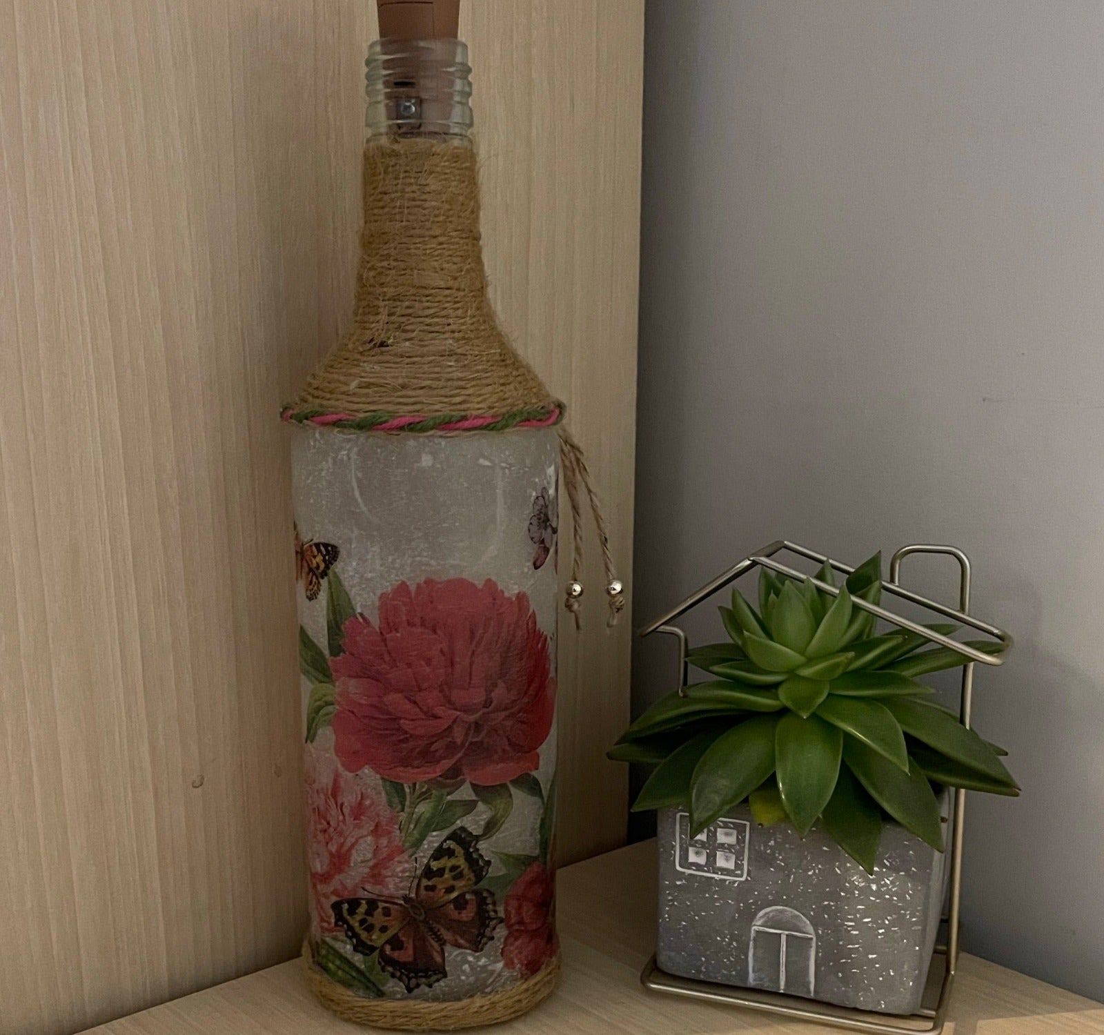 Homemade Decoupage Bottle Light - Peony & Butterfly