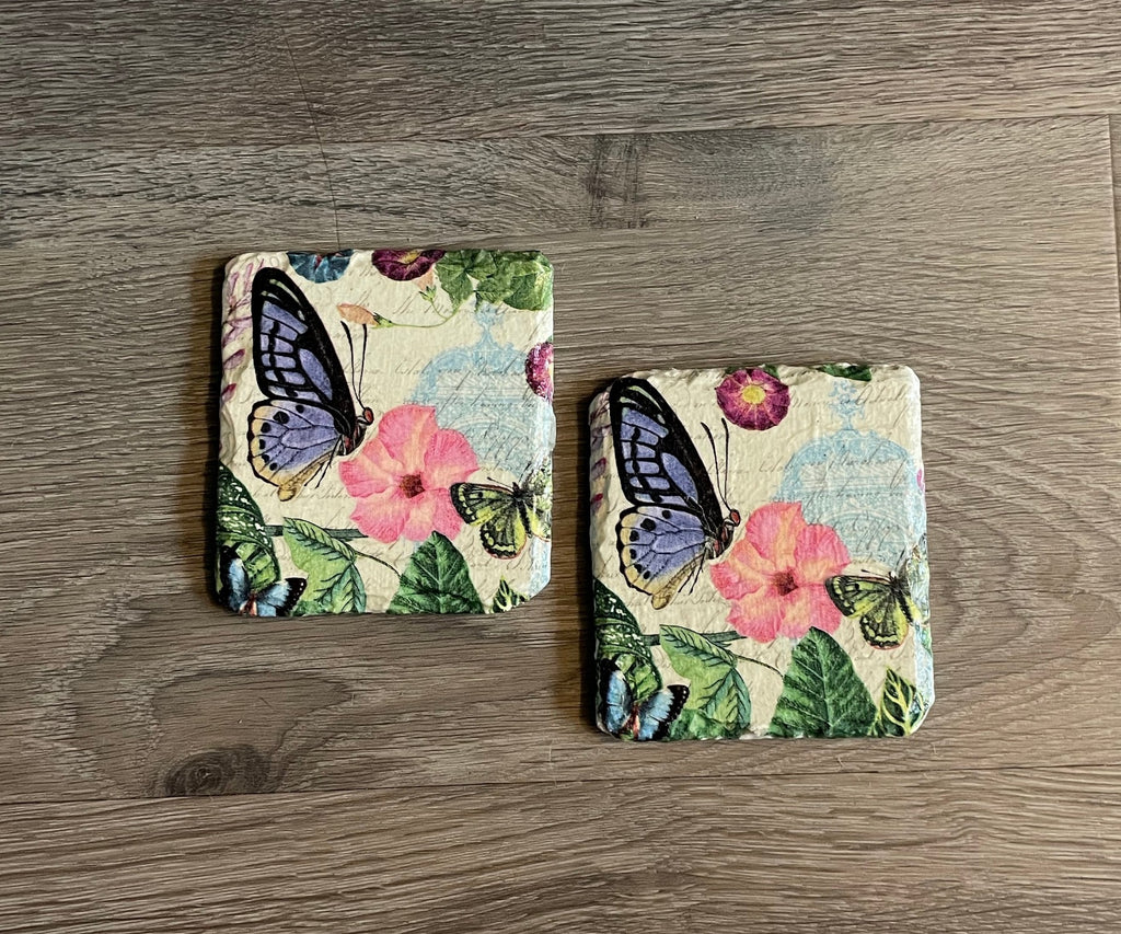 2 Handmade Découpage Slate Coasters - Blue Butterfly