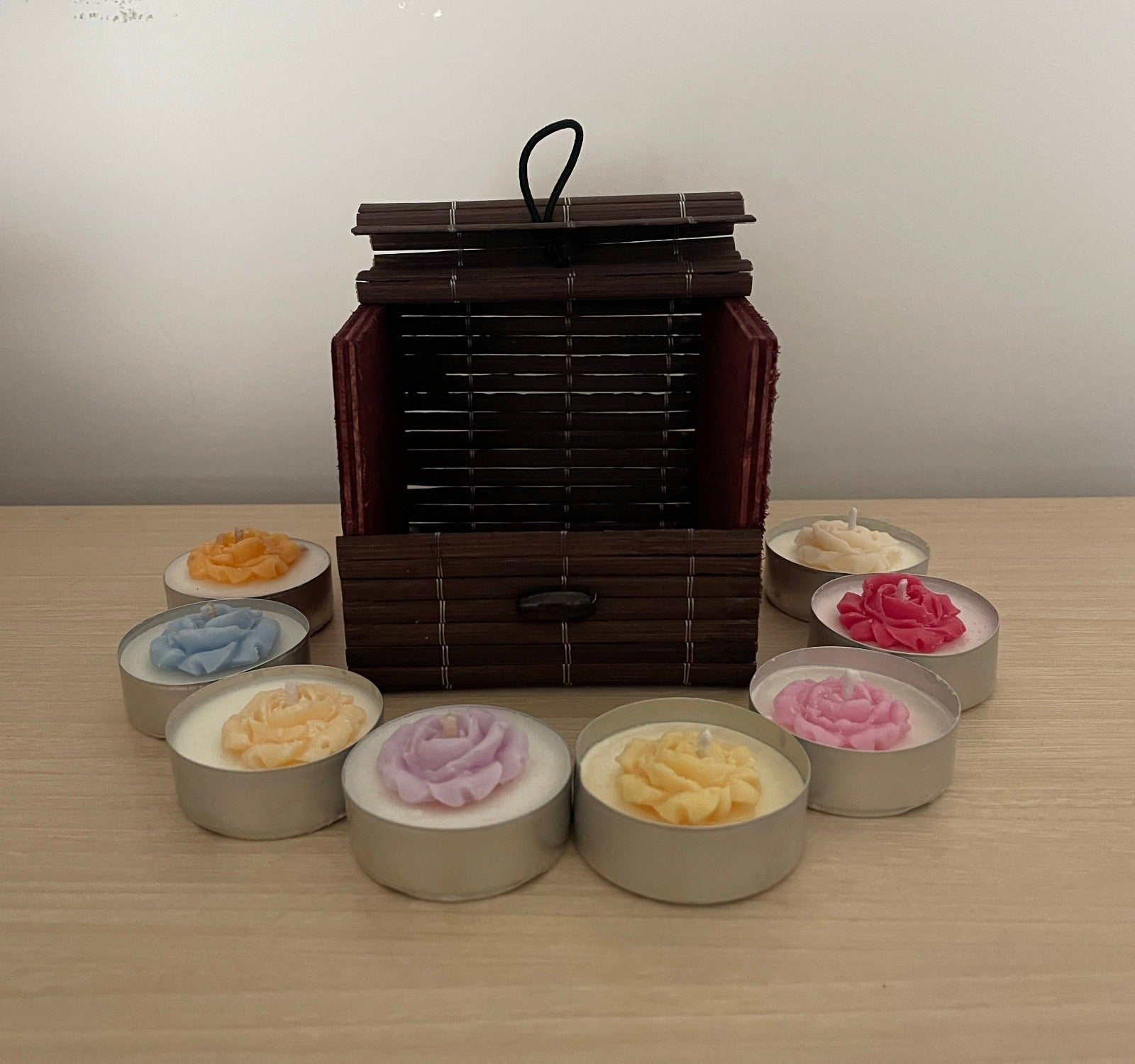 Homemade Vegan Soy Wax Tea Lights - 8 Tea Lights in a Bamboo Box, Variety of Scents