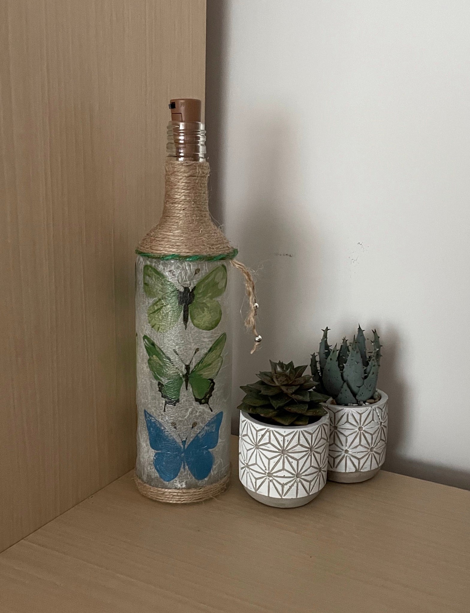 Handmade Decoupage Bottle Light - Trio of Green Butterflies