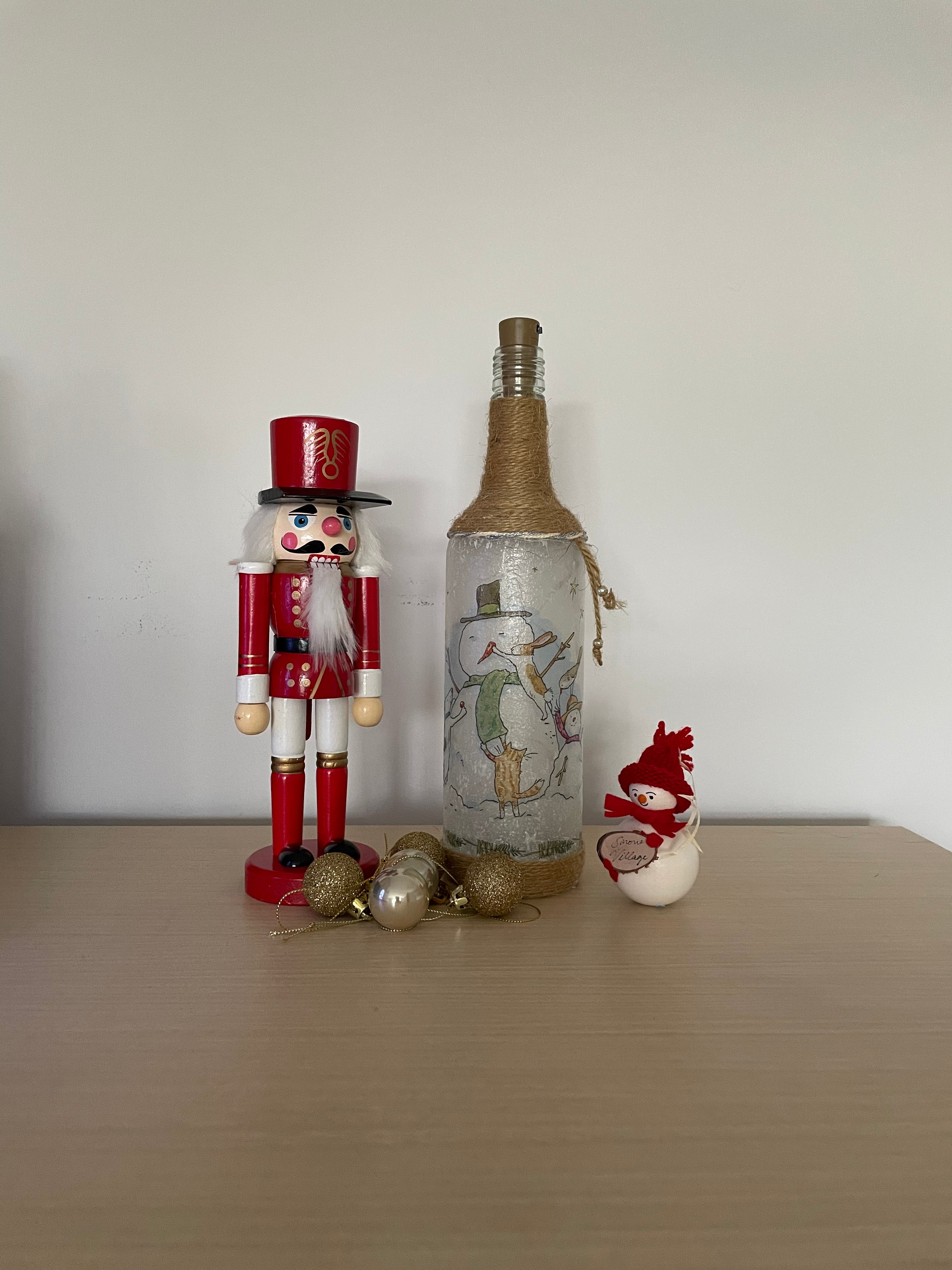 Handmade Decoupage Bottle Light - Snowman and Friends