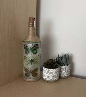 Handmade Decoupage Bottle Light - Trio of Green Butterflies