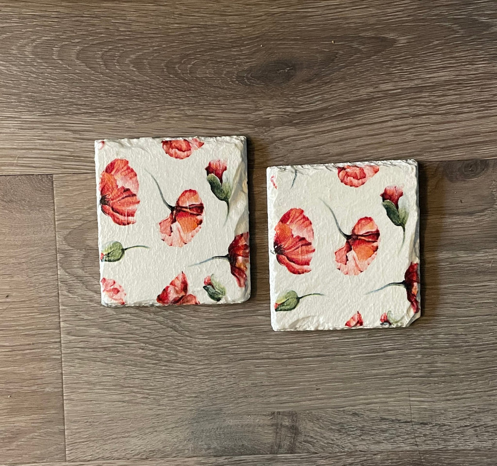 2 Handmade Découpage Slate Coasters - Poppies