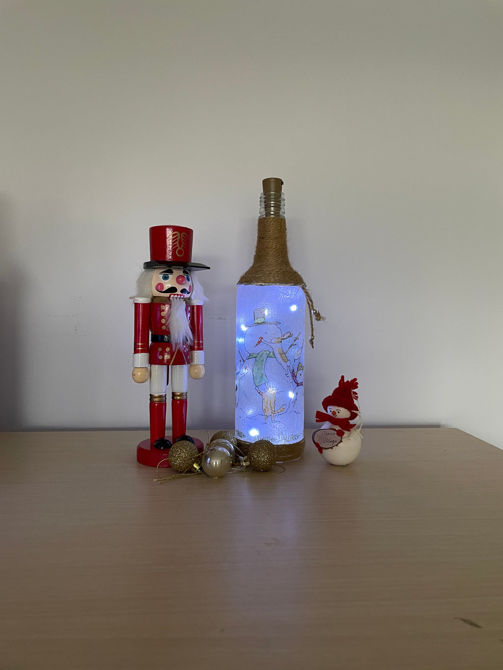 Handmade Decoupage Bottle Light - Snowman and Friends
