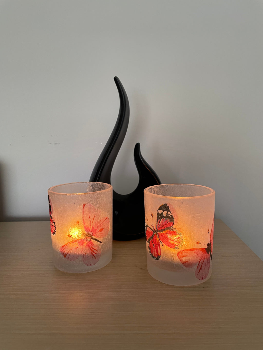 2 Handmade Decoupage Tea Light Holders with Homemade Tea Lights - Pink Butterflies