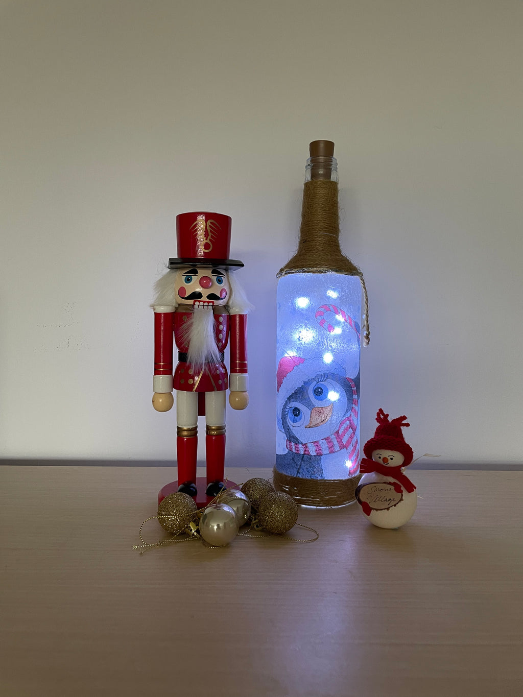 Handmade Decoupage Bottle Lights - Christmas Penguin