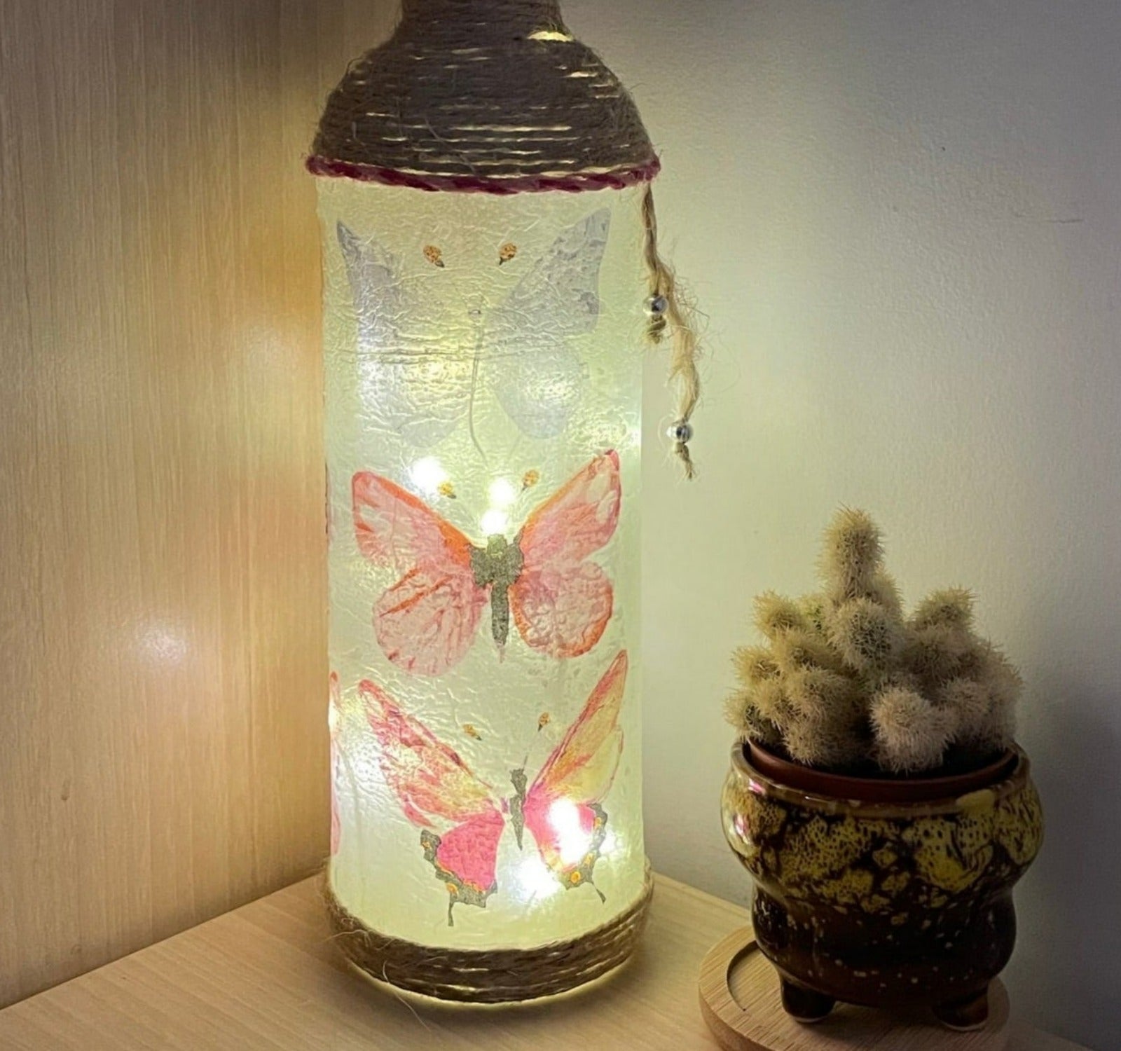 Homemade Decoupage Bottle Light - Trio of Pink Butterflies