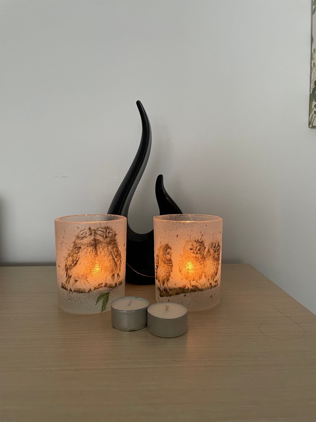 2 Handmade Decoupage Tea Light Holders with Homemade Tea Lights - Cosy Owls