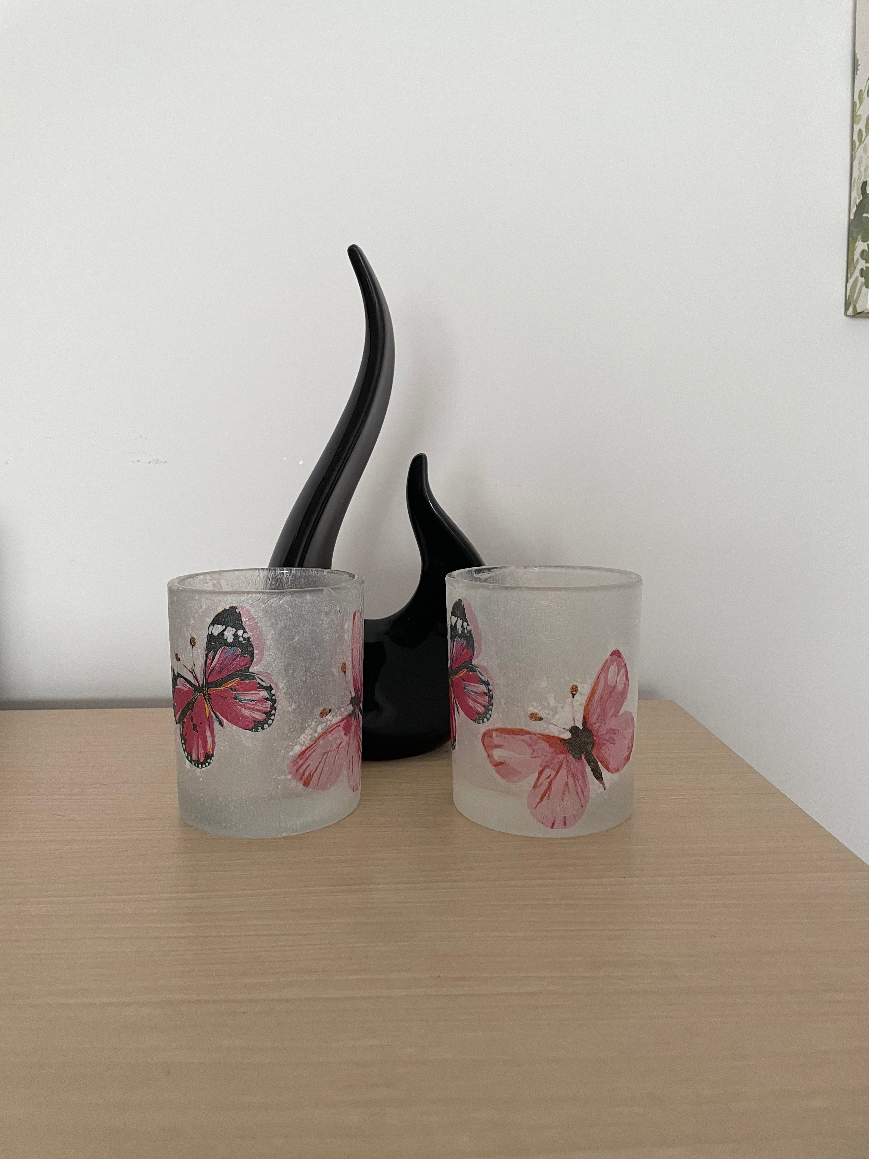 2 Handmade Decoupage Tea Light Holders with Homemade Tea Lights - Pink Butterflies