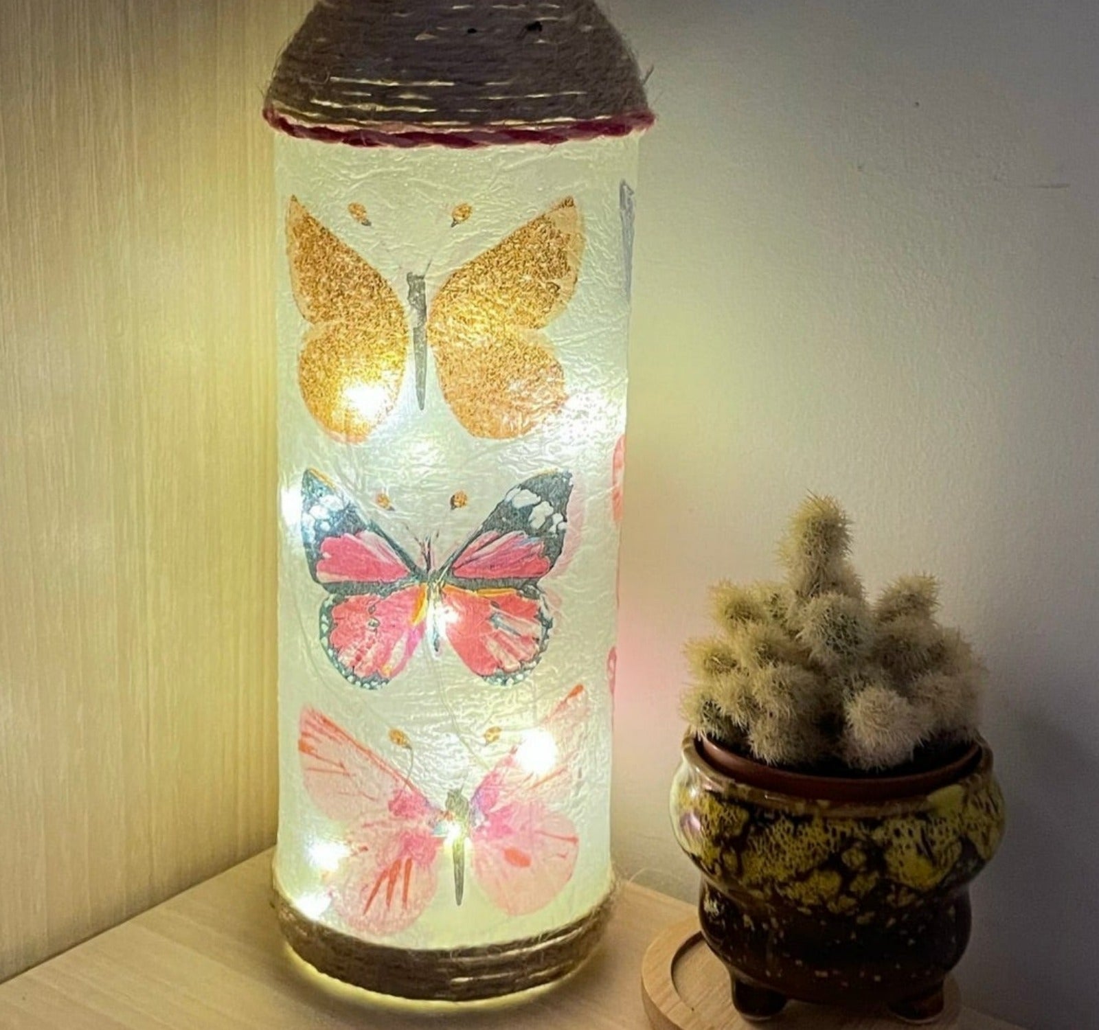 Homemade Decoupage Bottle Light - Trio of Pink Butterflies