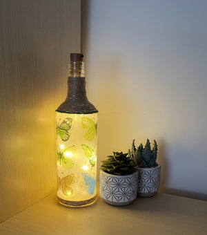 Handmade Decoupage Bottle Light - Trio of Green Butterflies