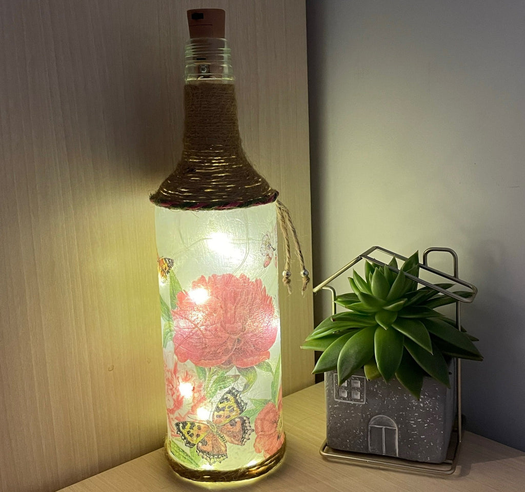 Homemade Decoupage Bottle Light - Peony & Butterfly