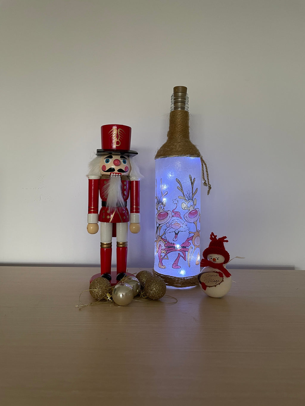 Handmade Decoupage Bottle Light - Santa and Rudolph