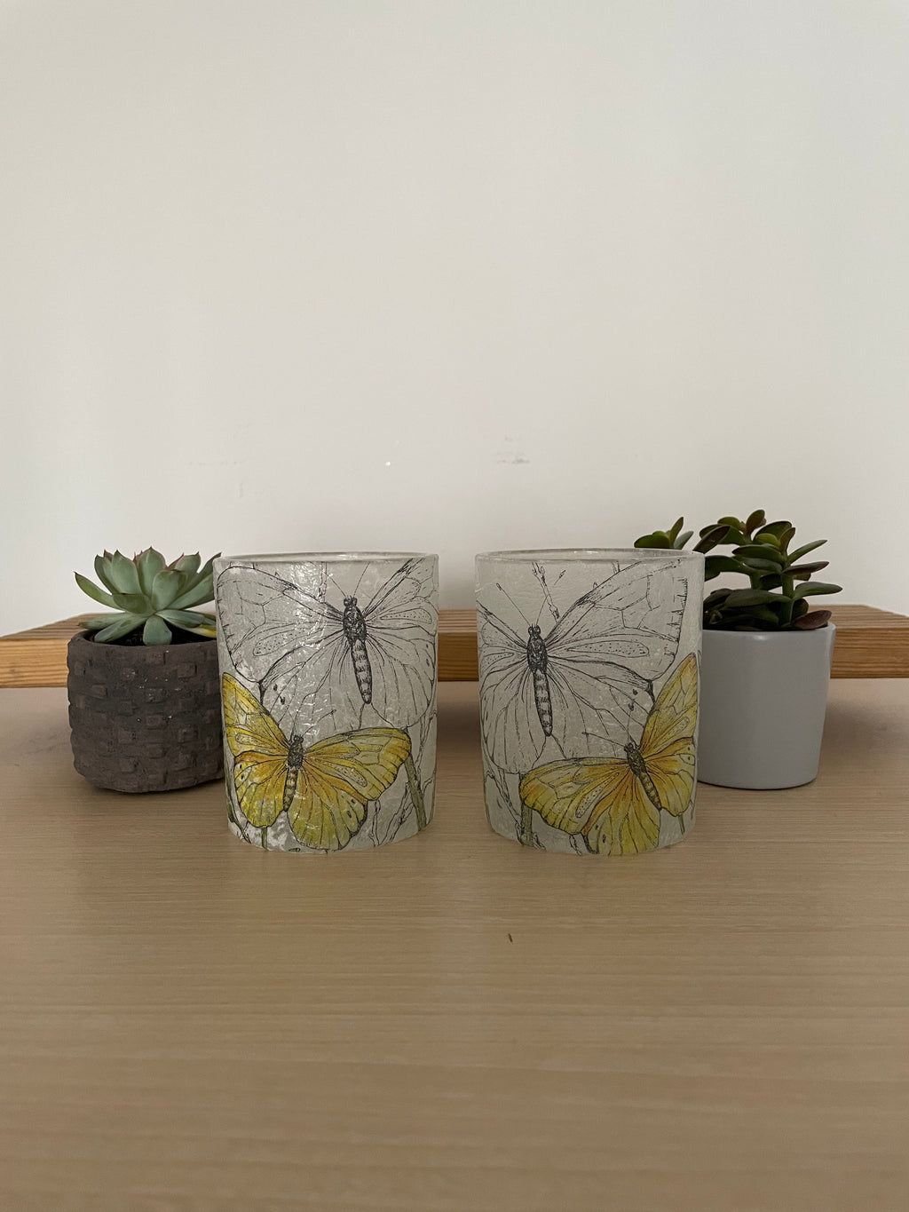 2 Handmade Decoupage Tea Light Holders with Homemade Tea Lights - Yellow and Grey Butterflies