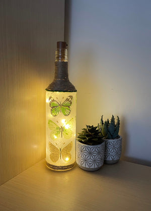 Handmade Decoupage Bottle Light - Trio of Green Butterflies