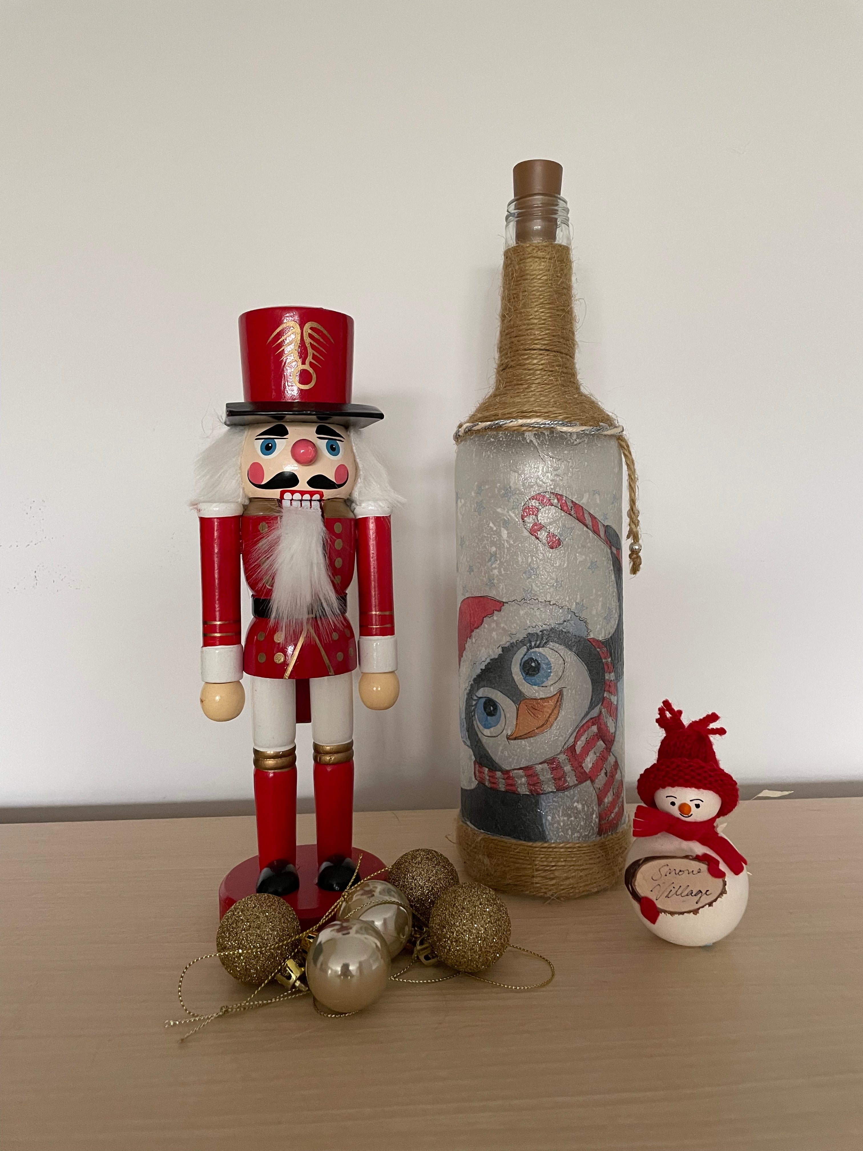 Handmade Decoupage Bottle Lights - Christmas Penguin