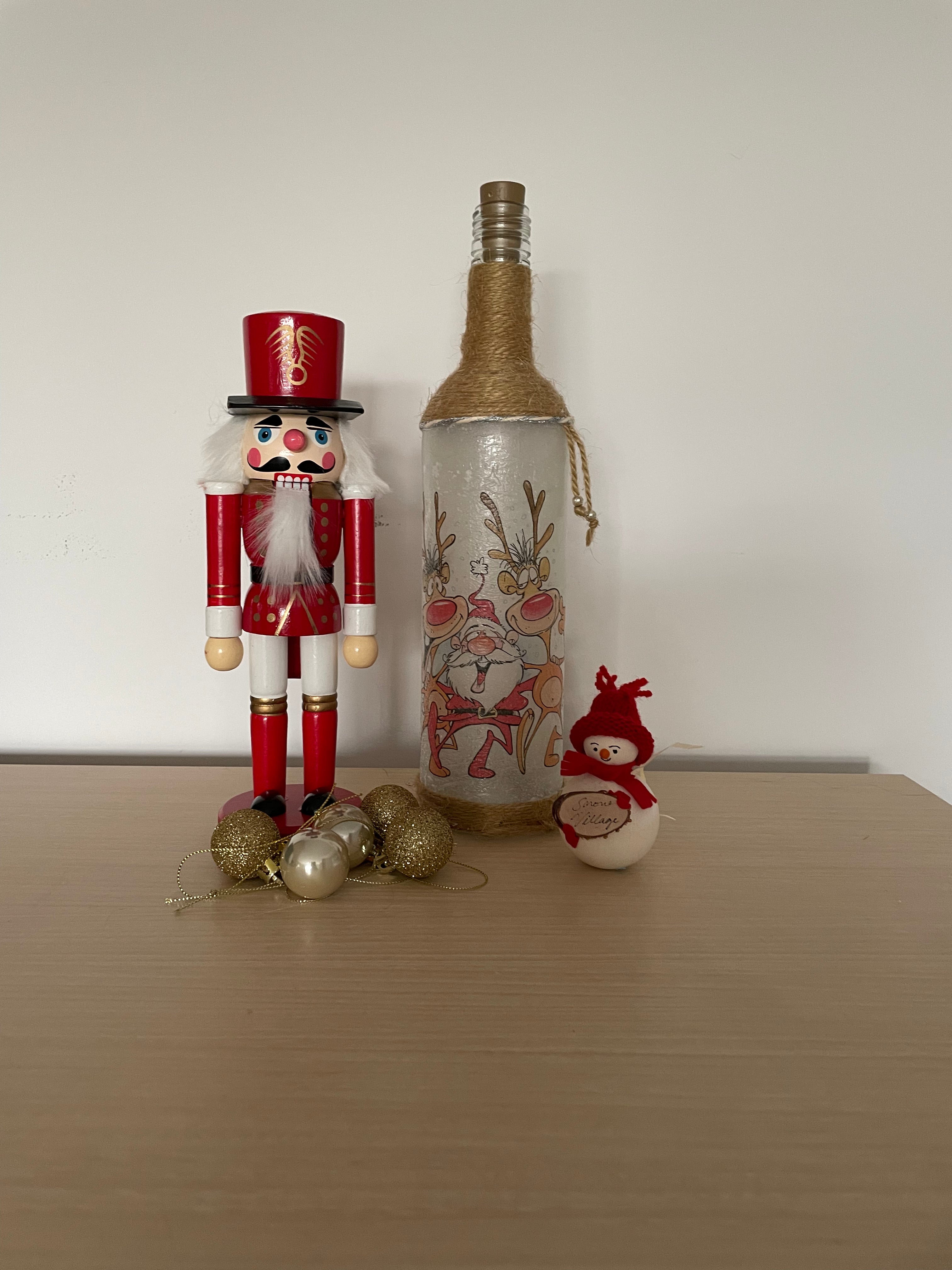 Handmade Decoupage Bottle Light - Santa and Rudolph