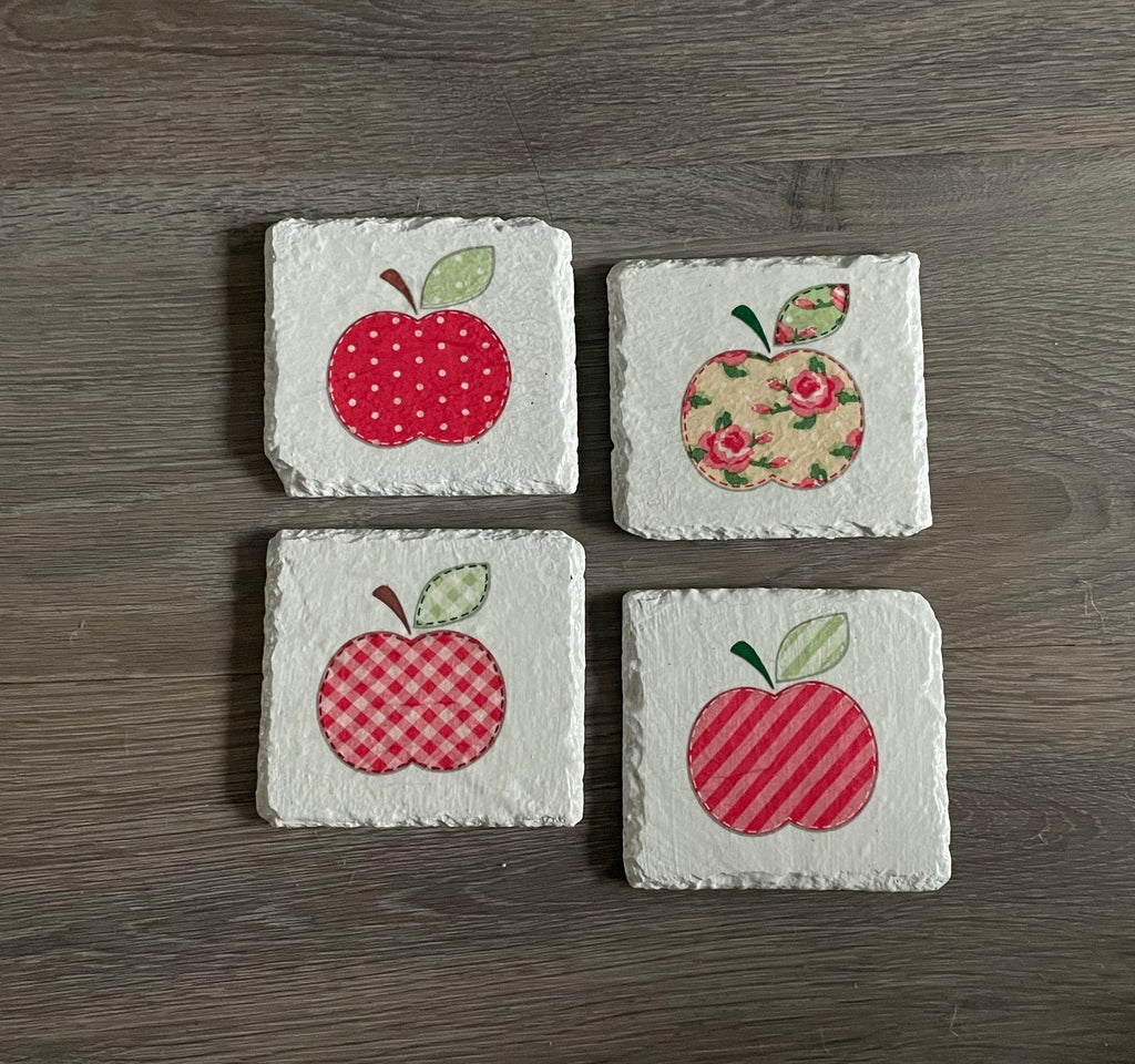 4 Handmade Découpage Slate Coasters - Decorative Apples