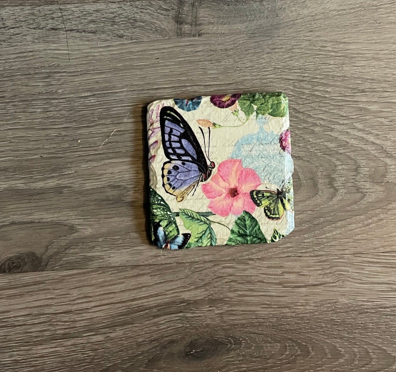 2 Handmade Découpage Slate Coasters - Blue Butterfly