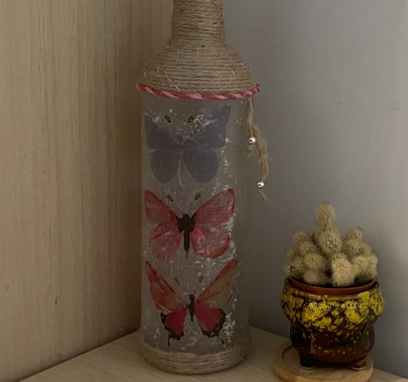 Homemade Decoupage Bottle Light - Trio of Pink Butterflies