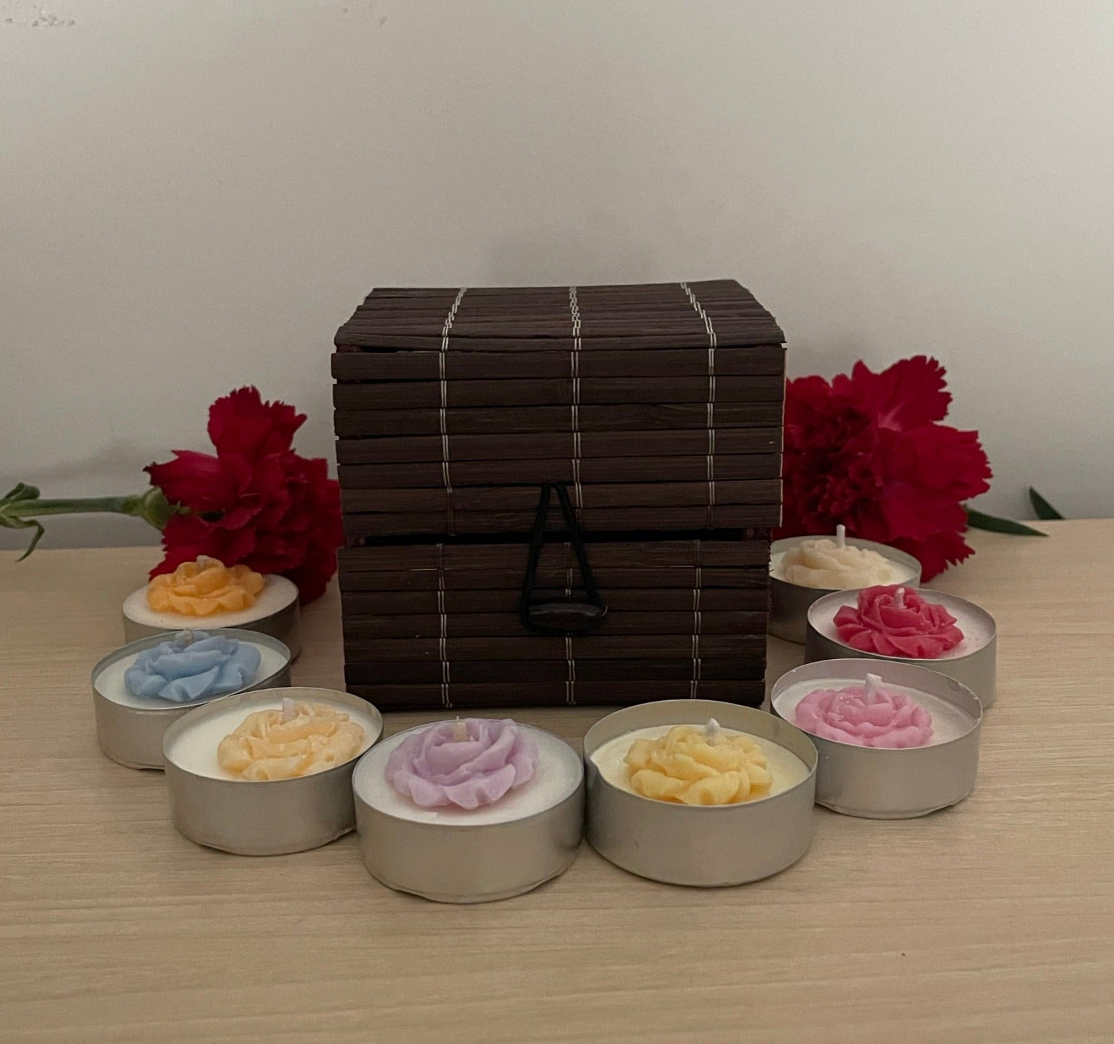 Homemade Vegan Soy Wax Tea Lights - 8 Tea Lights in a Bamboo Box, Variety of Scents