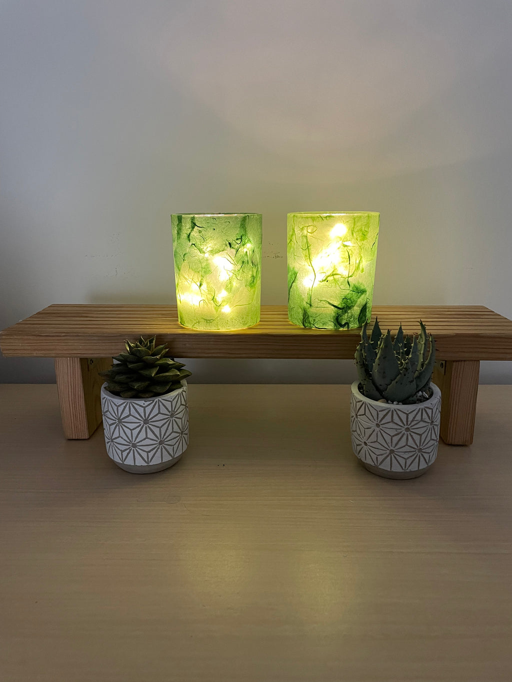 Handmade Decoupage Straw Silk Tea Light Holders with Micro Battery Lights - Green Ombre