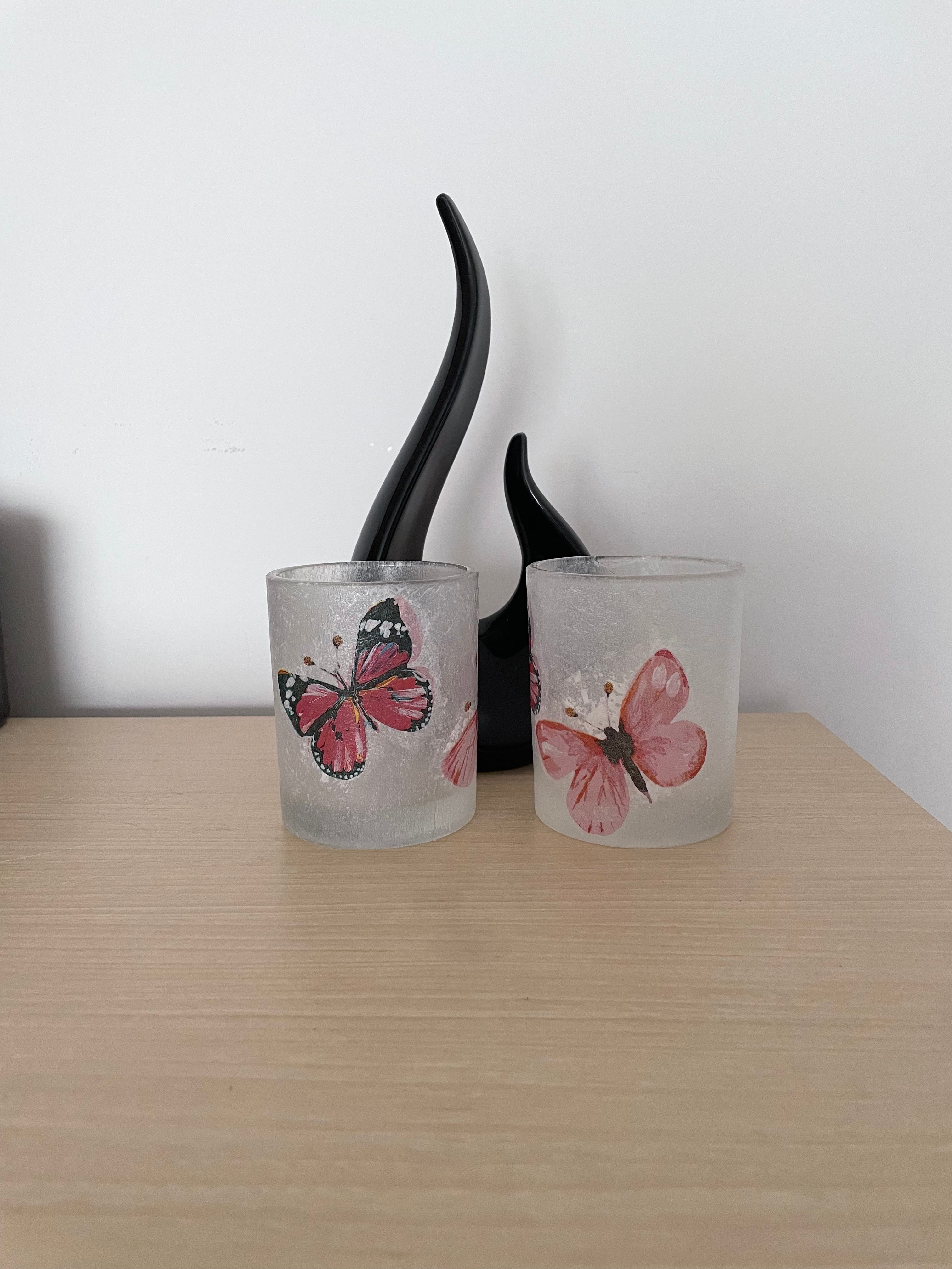 2 Handmade Decoupage Tea Light Holders with Homemade Tea Lights - Pink Butterflies