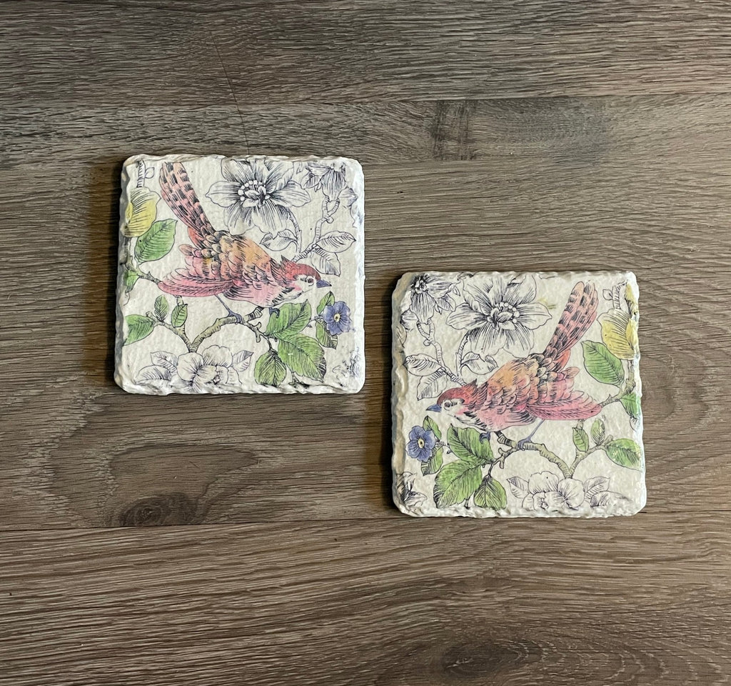 2 Handmade Decoupage Slate Coasters - Pink Bird