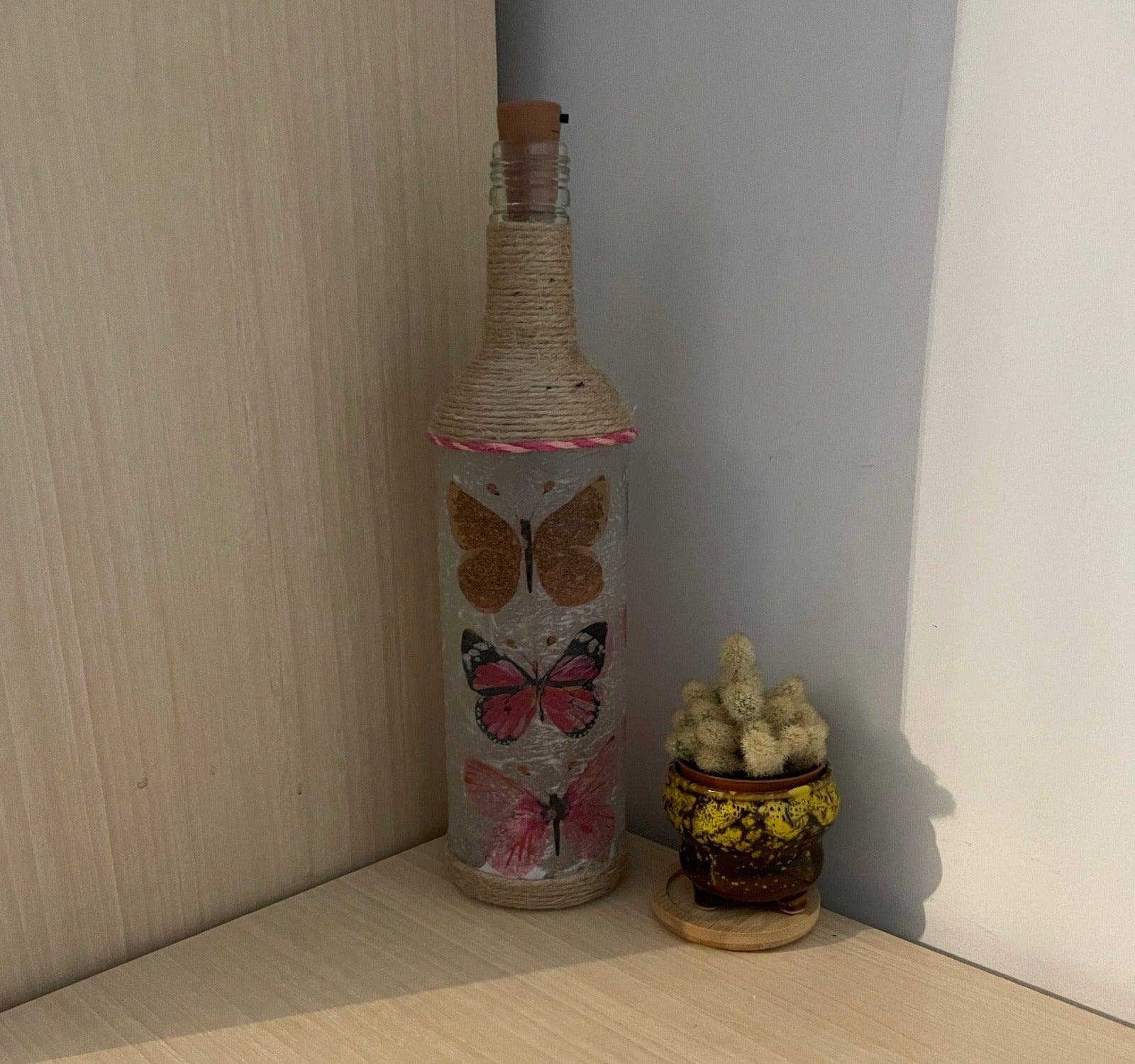 Homemade Decoupage Bottle Light - Trio of Pink Butterflies