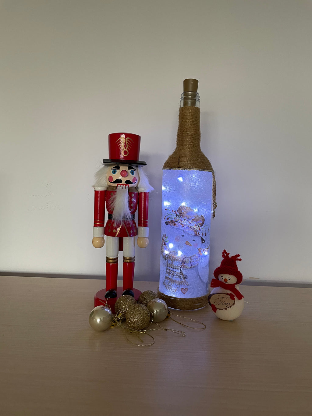 Handmade Decoupage Bottle Light - Snowman