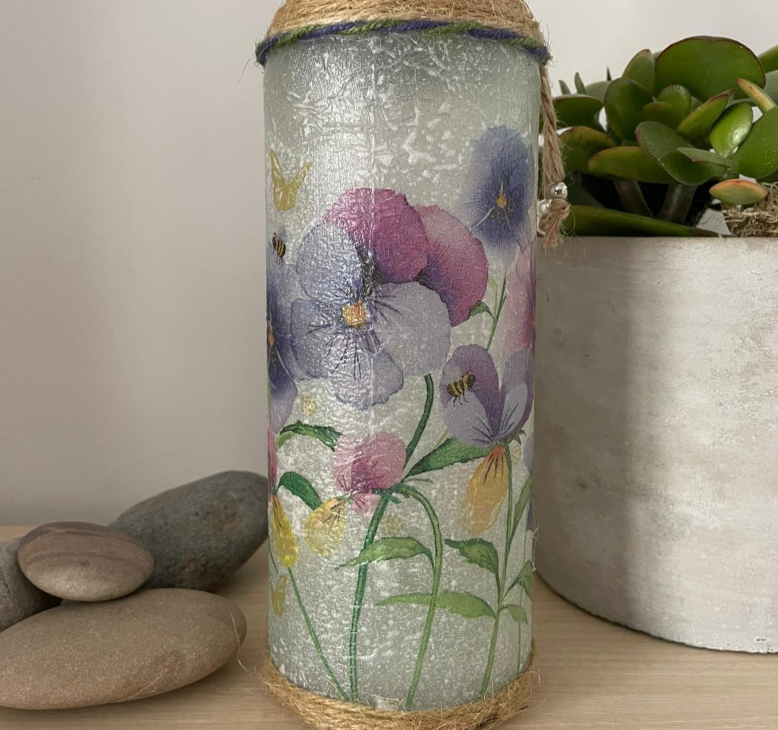 Handmade Decoupage Bottle Light - Pansies - closer