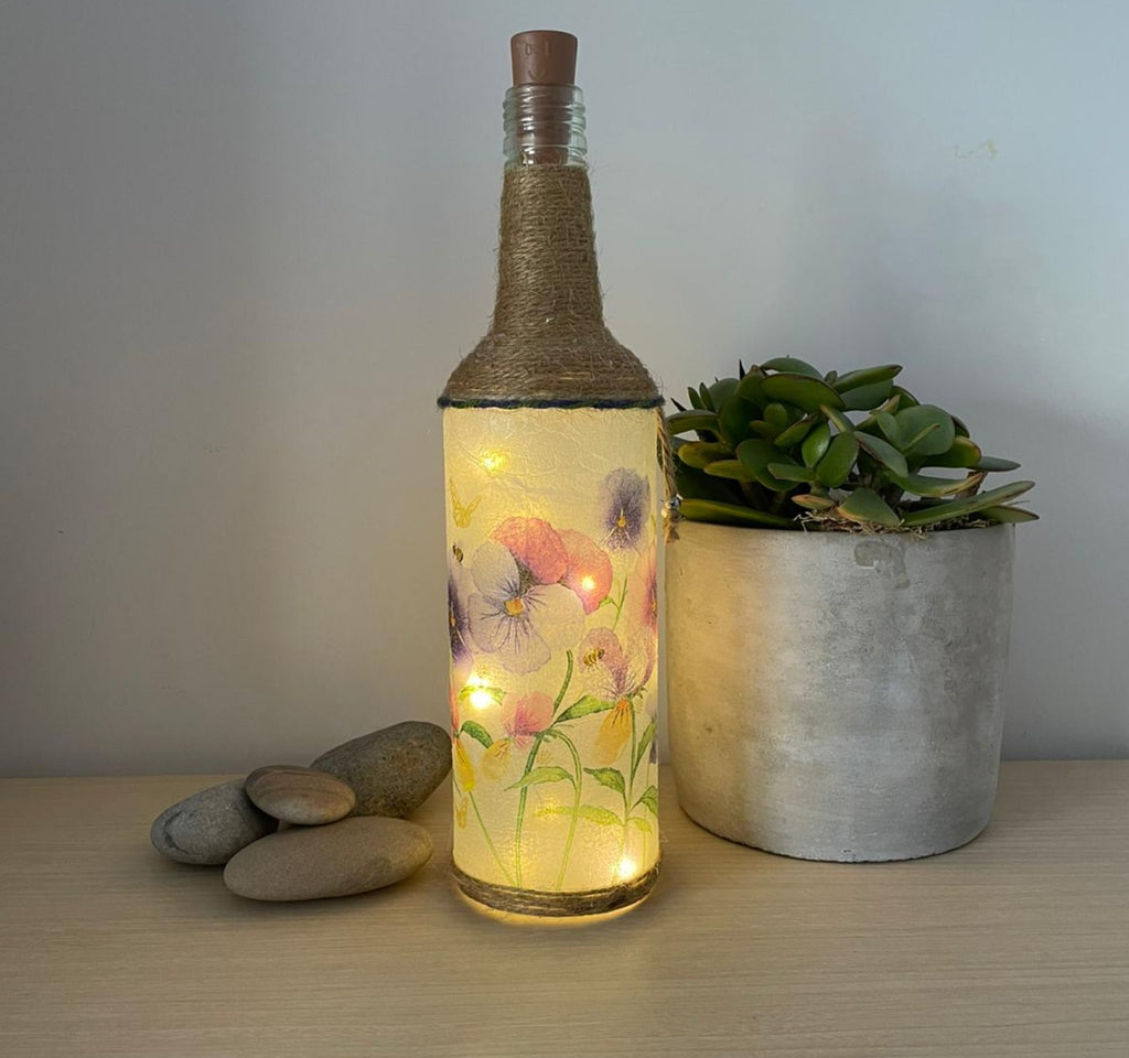 Handmade Decoupage Bottle Light - Pansies - lit