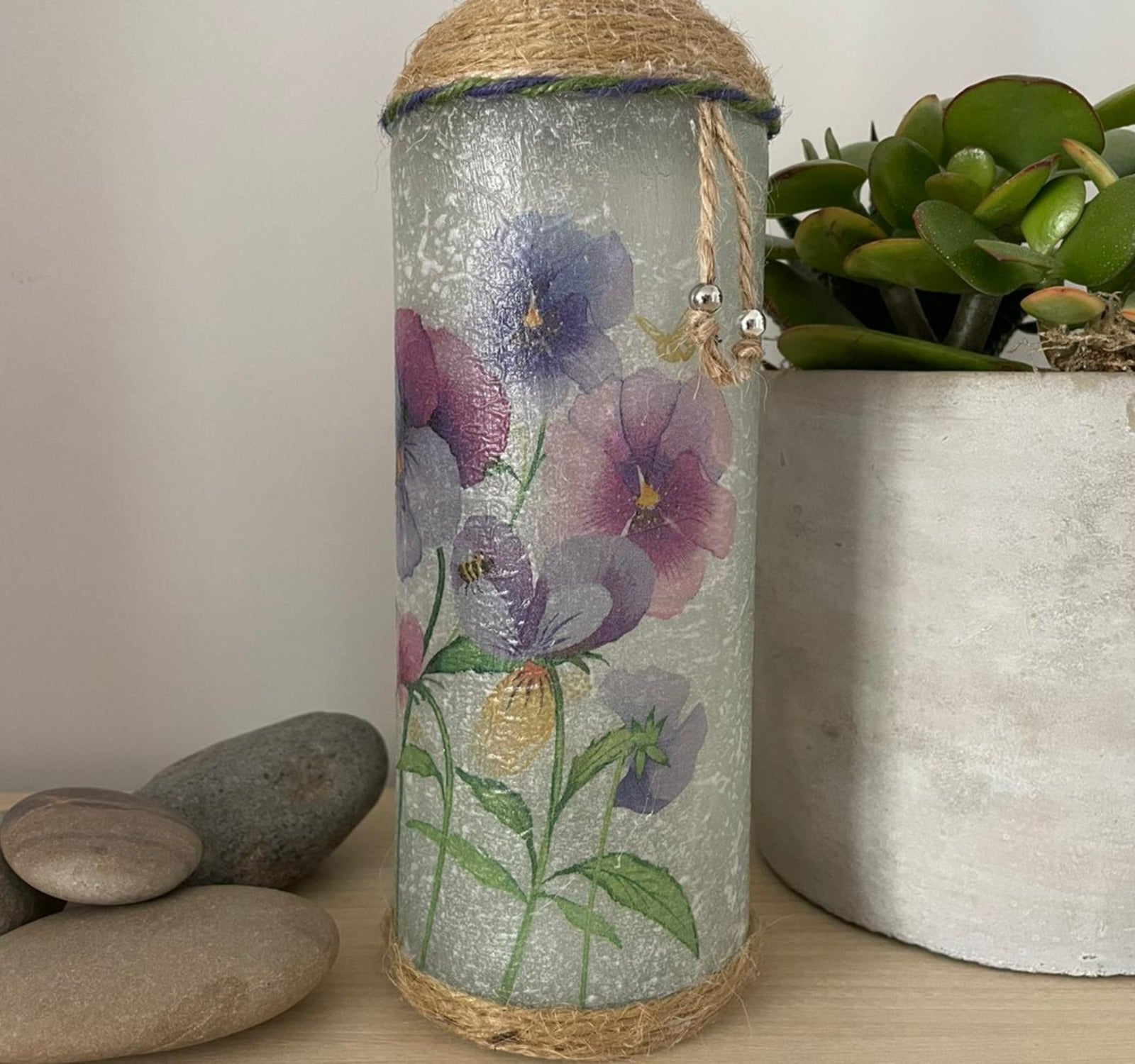 Handmade Decoupage Bottle Light - Pansies - side