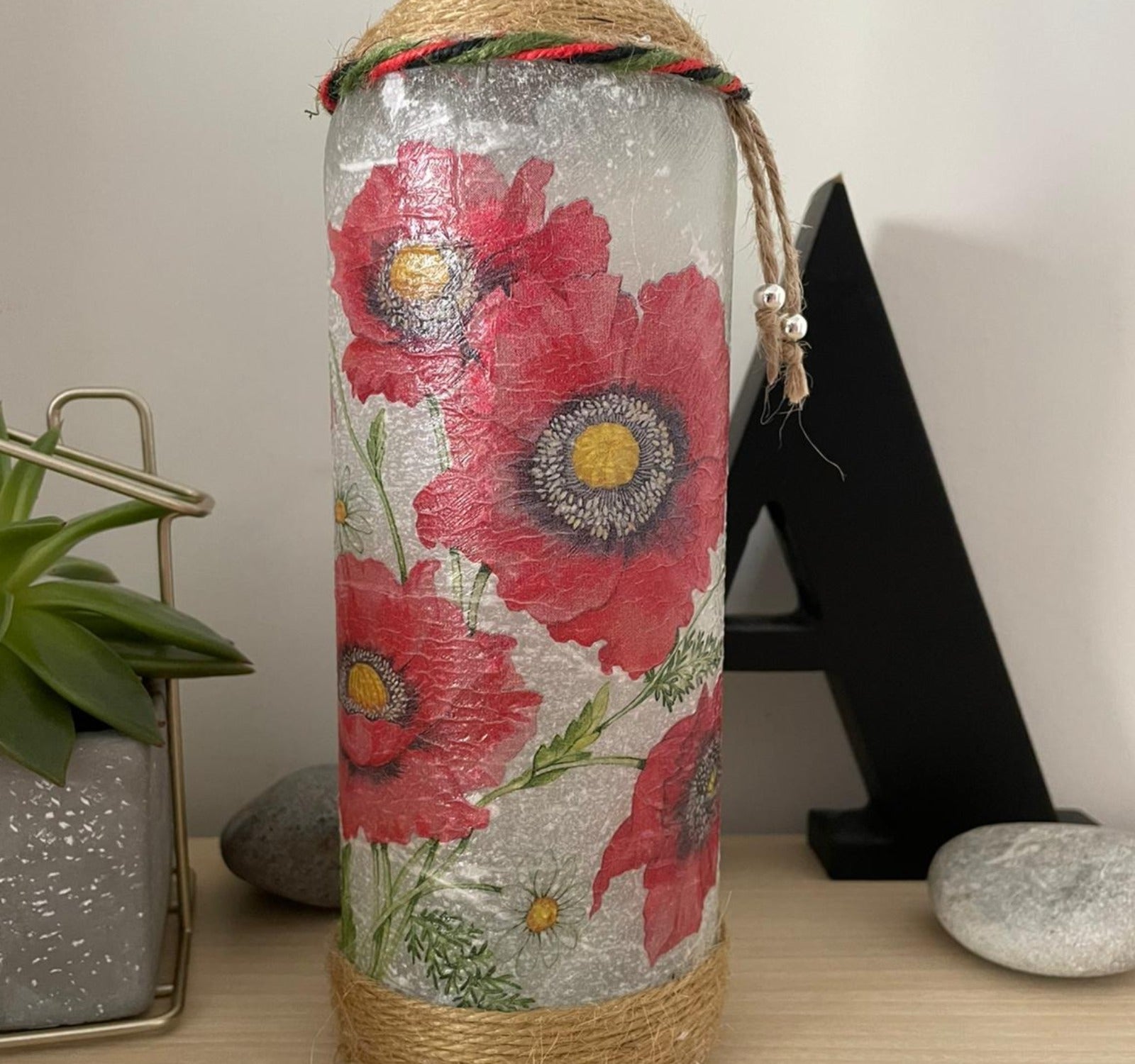 Handmade Decoupage Bottle Light - Poppies - closer