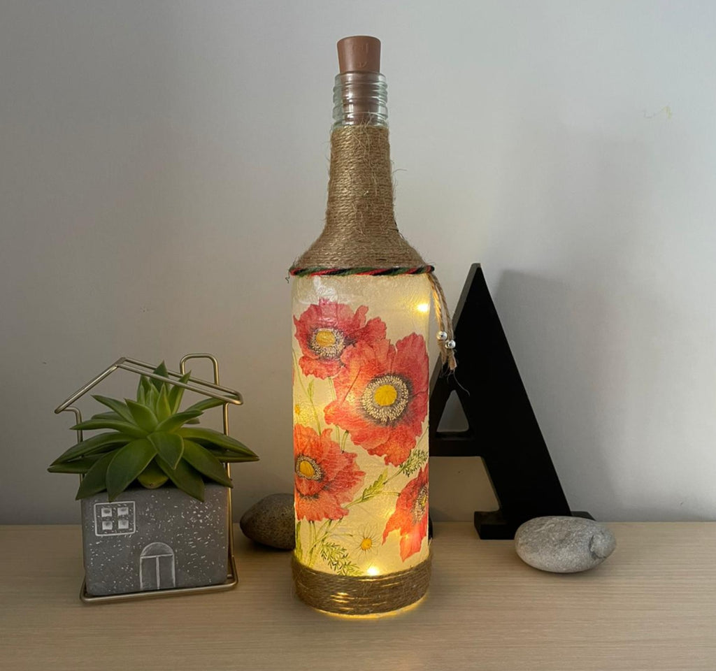 Handmade Decoupage Bottle Light - Poppies - lit