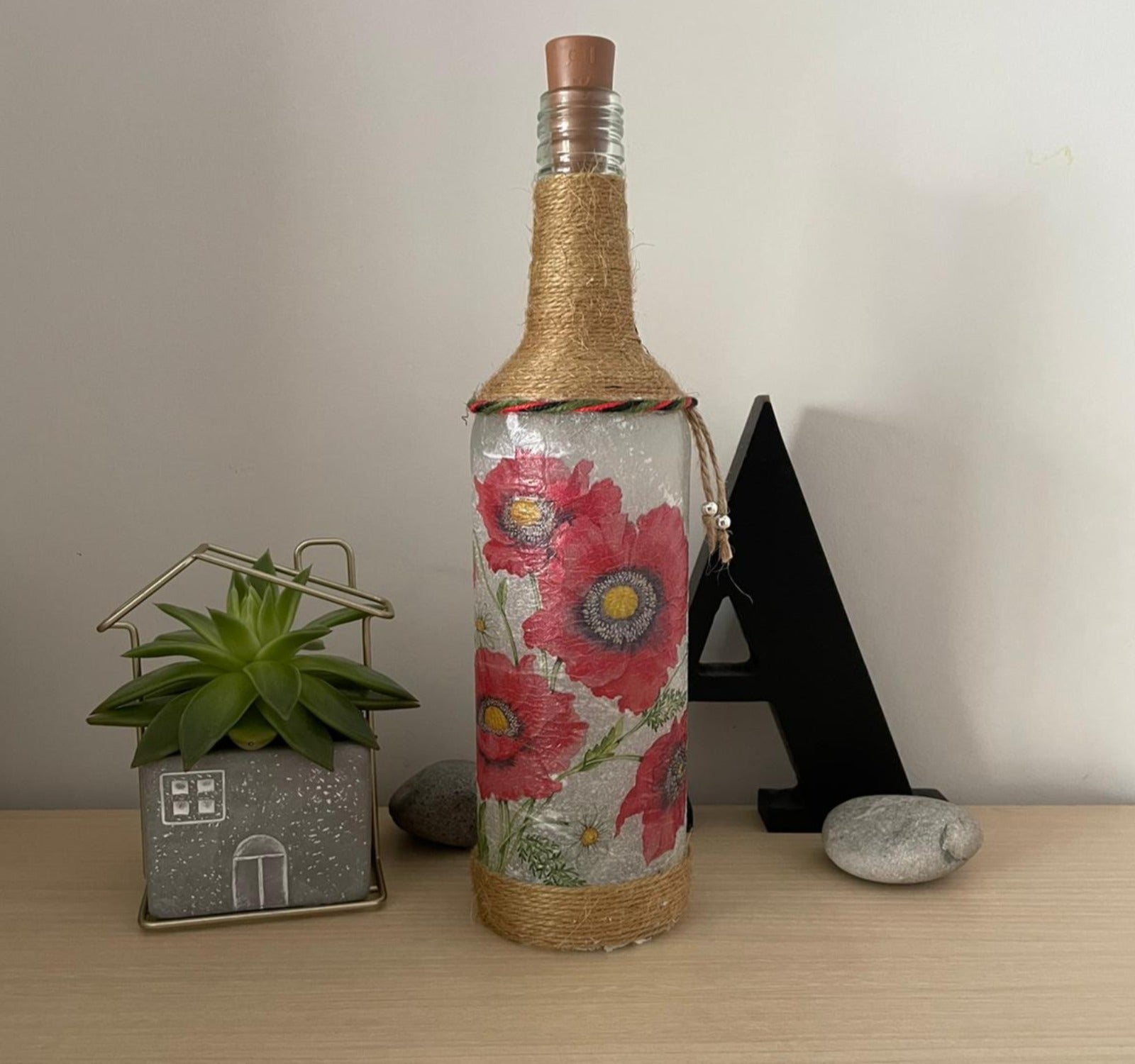 Handmade Decoupage Bottle Light - Poppies - unlit